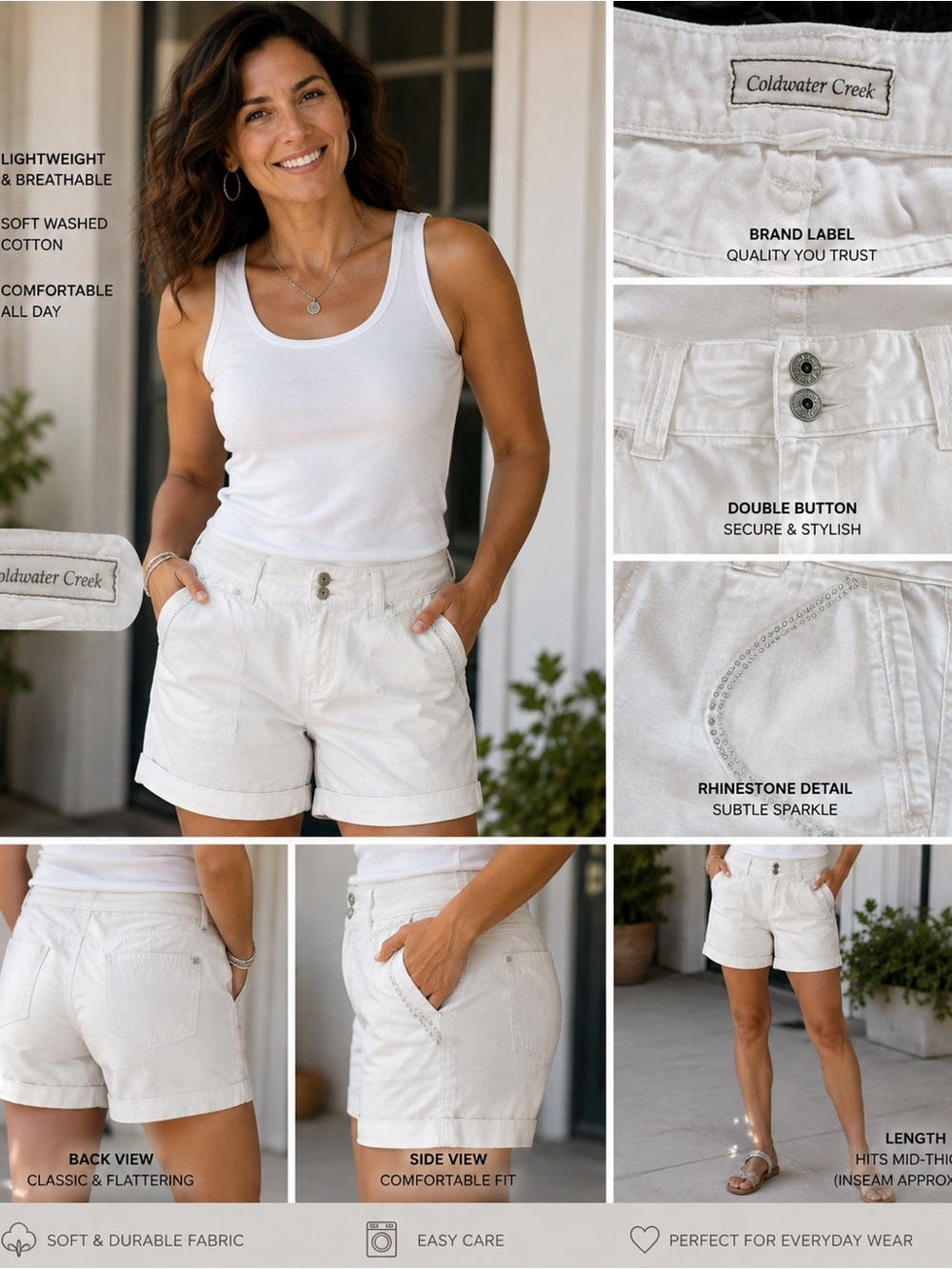 Coldwater Creek Women's White Cotton Roll-Hem Shorts